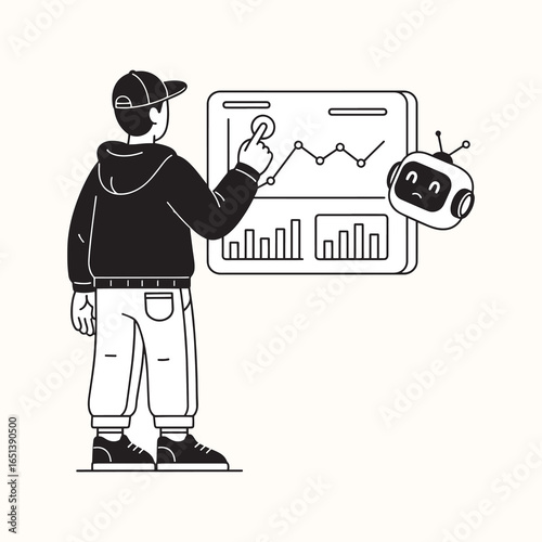 A person and a displeased robot review a digital dashboard with charts and graphs, representing data analysis, business strategy, and the unpredictable nature of market trends and technology.
