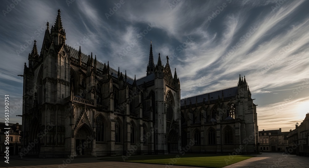 Fototapeta premium Gothic cathedral at twilight, moody clouds and detailed stonework