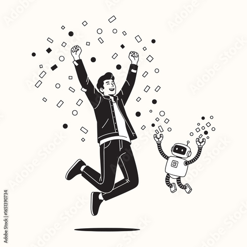 A man and a robot jump with joy as confetti falls around them, symbolizing success, celebration, and the triumph of a collaborative project.