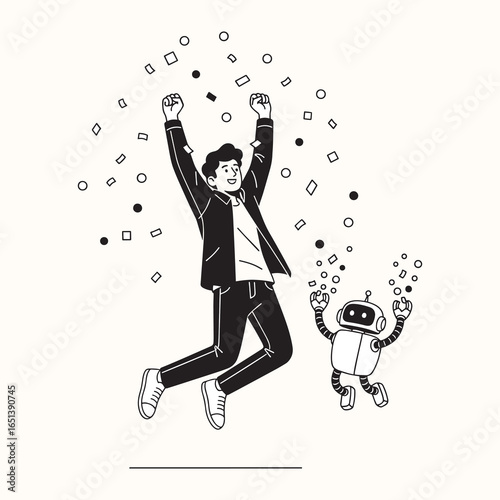 A man and a robot jump with joy as confetti falls around them, symbolizing success, celebration, and the triumph of a collaborative project.
