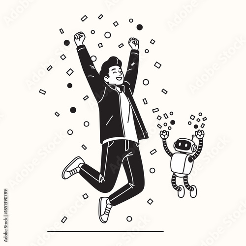 A man and a robot jump with joy as confetti falls around them, symbolizing success, celebration, and the triumph of a collaborative project.