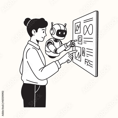 A person and a robot analyze data on a futuristic transparent screen, demonstrating a collaborative approach to data visualization and AI-driven insights.