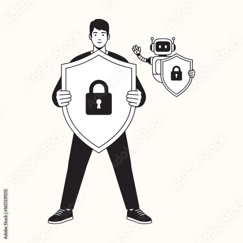 A man and a small robot work together to protect data with a large shield and lock icon, symbolizing cybersecurity, network protection, and AI-powered security.
