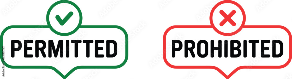 Fototapeta premium Green permitted icon, red prohibited icon, check mark and cross symbol, speech bubble label design