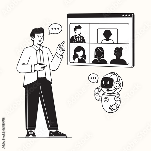 A man participating in a video conference with a robot assisting him. This image represents modern online meetings, teamwork, and technology in the workplace.