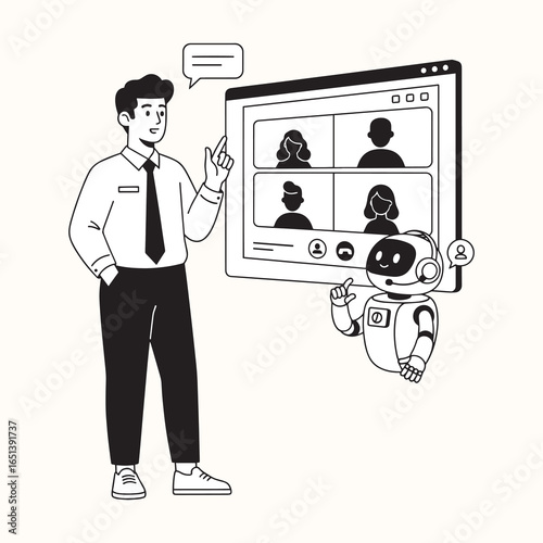 A man participating in a video conference with a robot assisting him. This image represents modern online meetings, teamwork, and technology in the workplace.