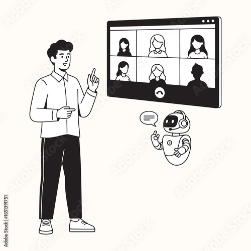 A man participating in a video conference with a robot assisting him. This image represents modern online meetings, teamwork, and technology in the workplace.
