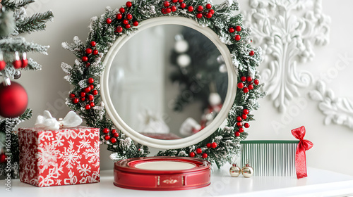 Festive Holiday Setup with Mirror, Red Boxes, and Berry Garland