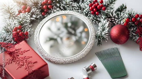 Festive Holiday Setup with Mirror, Red Boxes, and Berry Garland