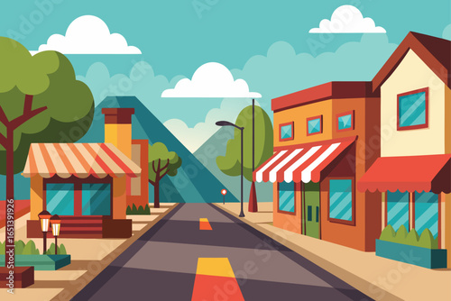 Scenic Village Street with Small Shops at Midday