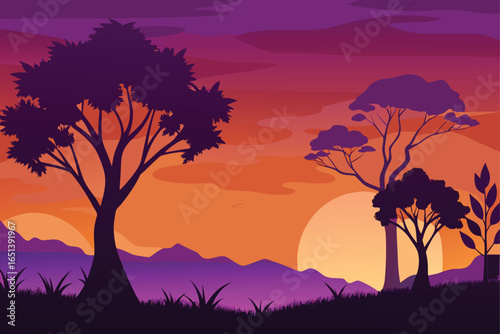 Vibrant Purple and Orange Sunset with Tree Silhouettes