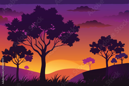 Tree Silhouettes Against a Vibrant Purple Orange Sky