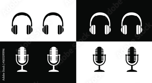 Minimalist black and white headphones and microphones icons set for audio, music, and podcast design