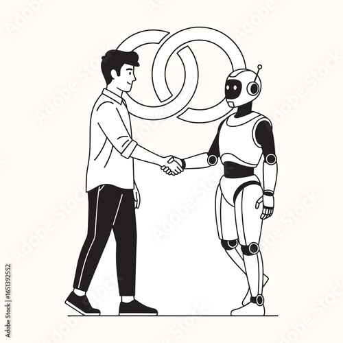 A person and a robot shaking hands, with two interlocking rings behind them. This image represents a strong connection and a successful partnership between humans and technology.
