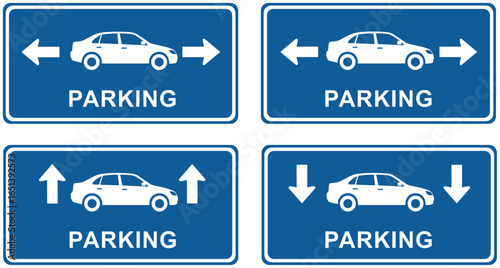 Parking signs with arrows, car direction indicators, blue background, traffic guidance boards, parking location symbols, vehicle icons