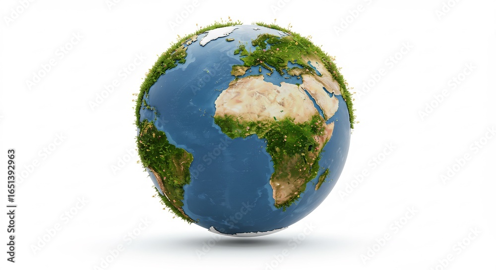 Fototapeta premium Lush green Earth globe softly lit against white background. AI Generated