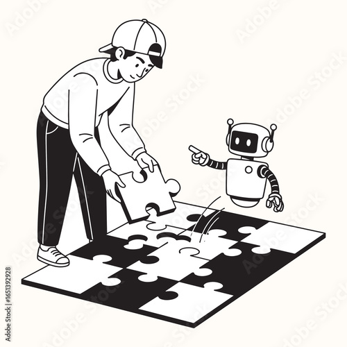 A monochrome illustration of a user and a robot assistant working together to solve a puzzle, symbolizing teamwork, problem-solving, and AI integration.
