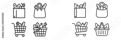 Grocery items in various shopping bags and carts for household needs