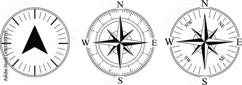 Set of compass icons showing directions, navigation symbols, wind rose designs, black and white vector illustration