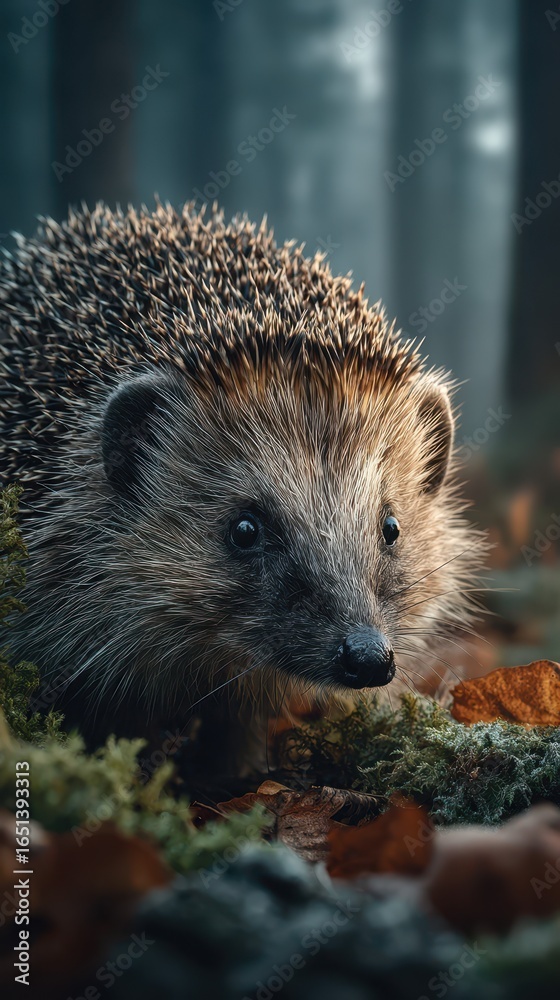 Fototapeta premium Hedgehog exploring a forest floor covered in leaves during early morning light in a serene woodland setting