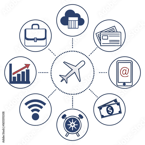 Airplane in center with business and travel related icons around it