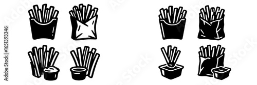 French fries in various packaging styles on a white background
