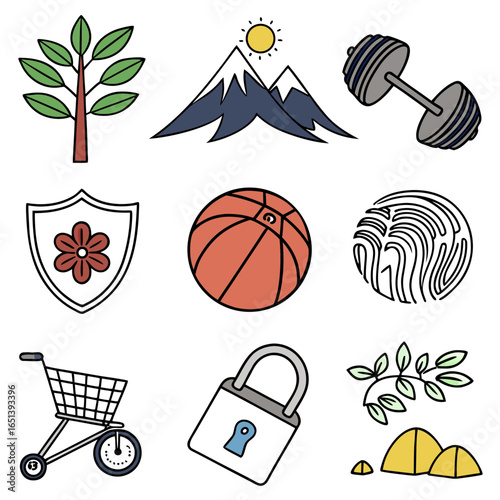 Illustration featuring nature, sports, security, and commerce icons
