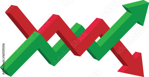Stock market trend arrows, rising and falling graphs, business growth decline, financial data analytics illustration