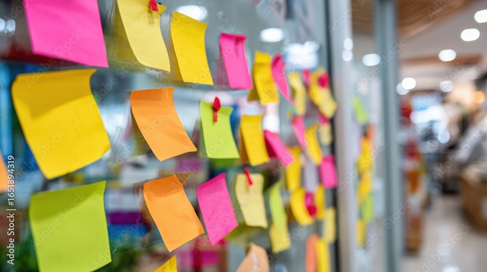 Fototapeta premium Colorful Sticky Notes on a Clear Board in a Modern Office Environment During Daylight