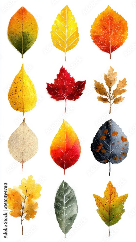 Fototapeta premium Colorful autumn leaves showcasing vibrant hues of yellow, red, and orange on a white background in a creative arrangement