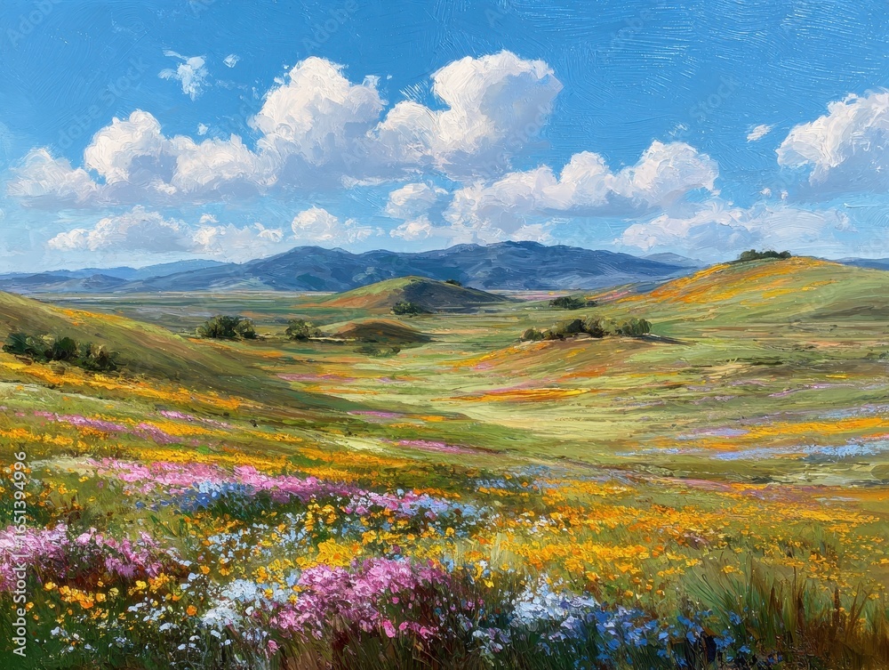 Fototapeta premium Landscape with Rolling Hills and Wildflowers Under the Blue Sky. --ar 4:3 --v 7 Job ID: 5f5b54a3-627f-4b7c-aaaa-374060d463d1