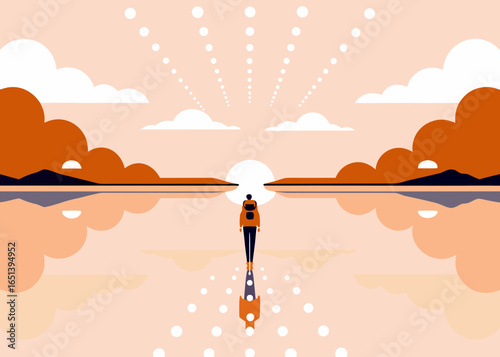 Person with backpack looking at a bright sun reflecting on calm water
