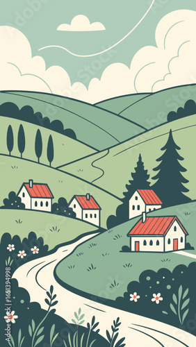Picturesque rural landscape with houses and winding road