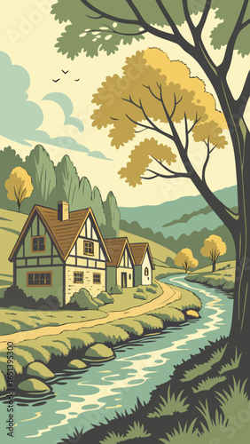 Picturesque Village by a River with Rolling Hills houses