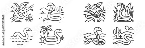 Diverse snake and exotic bird illustrations in various settings