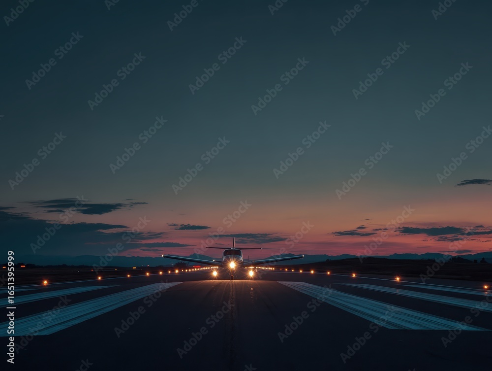 Fototapeta premium Lone Aircraft Taxiing with Illuminated Path at Dusk Under a Clear Twilight Sky
