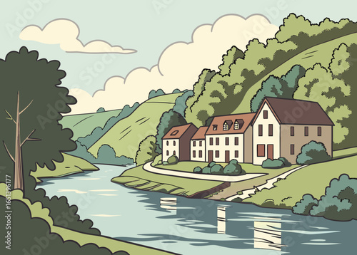 Riverside Village with Traditional Houses and Green Hills