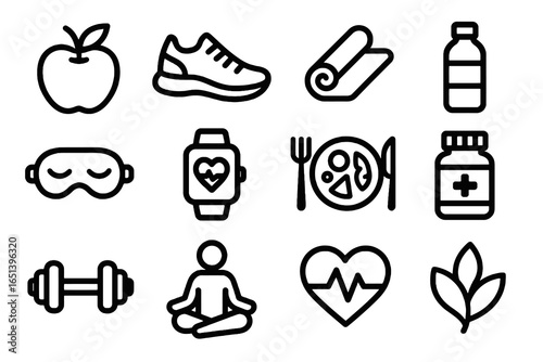 Health and wellness icons in bold black vector style, perfect for fitness apps, preventive care, and lifestyle design resources