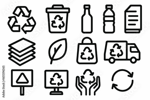 Recycling and eco-friendly icons in bold black vector style, perfect for sustainability projects, waste management, and green platforms