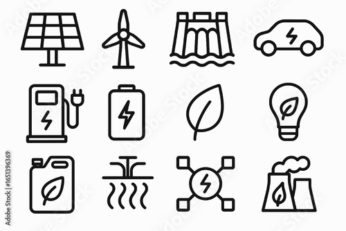 Renewable energy icons in bold black vector style, ideal for green energy, eco-friendly apps, and sustainable technology resources