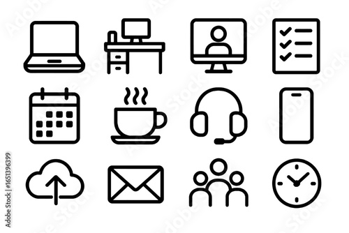 Remote work and productivity icons in bold vector style, perfect for apps, collaboration platforms, and office design projects