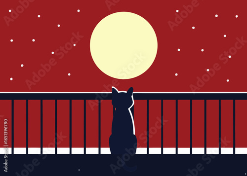 Silhouette cat on balcony under full moon and starry sky