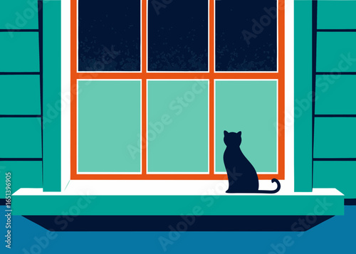 Silhouette of a cat sitting on a windowsill looking out