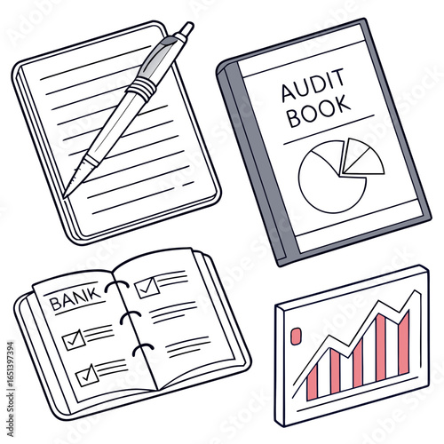 Accounting audit financial reports bank statements and business analysis documents vector illustration set
