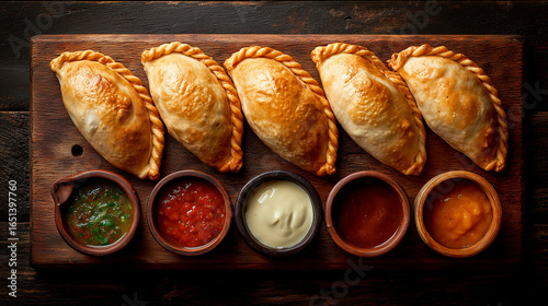 A wooden board displays six golden-brown empanadas with braided edges, accompanied by five small bowls of various sauces, including green, red, white, brown, and orange.