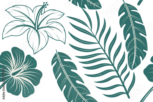 Teal tropical leaves and hibiscus flowers on black