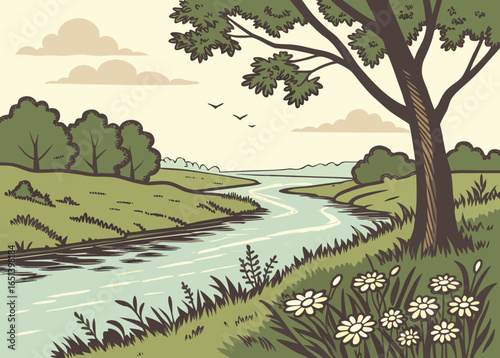 Sunny day landscape with winding river and trees water