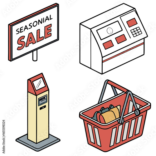 Isometric seasonal sale sign, checkout kiosk, self service terminal, and shopping basket illustration