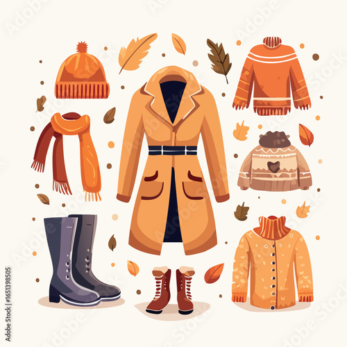 Collection of autumn fashion essentials. 2D flat vector illustration set with a warm coat, sweater, boots, and scarf for a stylish outfit.