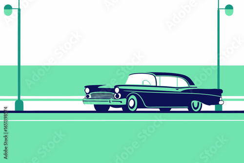 Vintage dark blue sedan parked on a street with lampposts